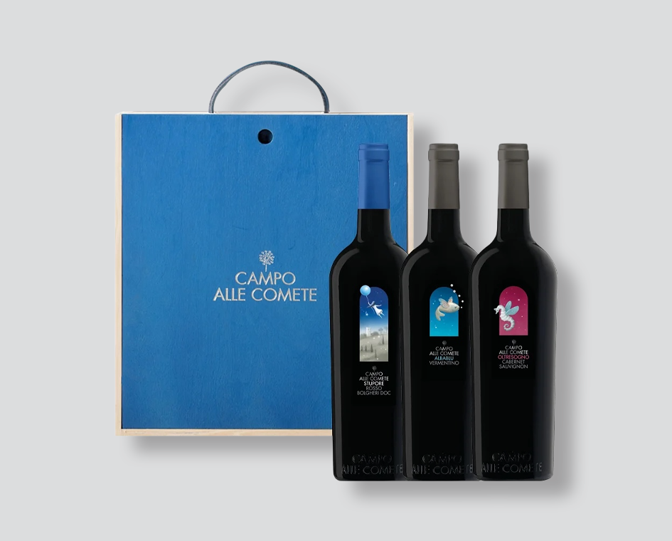 box vino Campo alle Comete
Stupore Bolgheri Rosso DOC
Albablu Vermentino IGT
Oltresogno Cabernet Sauvignon IGT
cassetta legno vini
vini toscani premium
selezione vini Bolgheri
gift box vino Toscana
regalo di natale