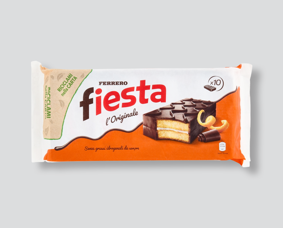 Ferrero Fiesta
Fiesta l’Originale
merendina arancia
pan di spagna al cacao
snack Ferrero
confezione 10 pezzi
merenda all’arancia
dolcetto con liquore