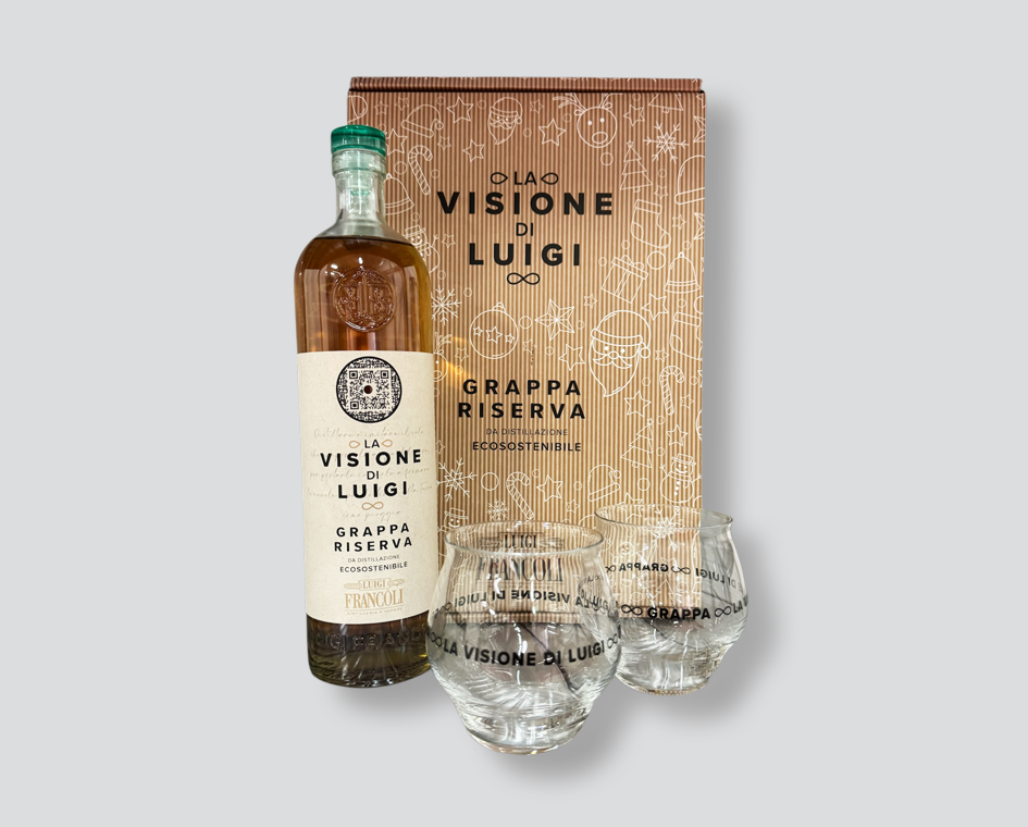 grappa la visione di luigi
grappa riserva
grappa invecchiata
box con bicchieri
distillato premium
grappa da meditazione
idea regalo grappa
grappa affinata in legno