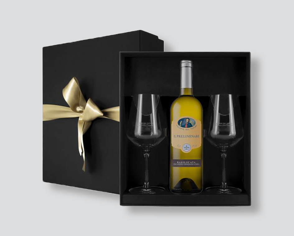Il Preliminare Cantine del Notaio
vino bianco lucano
confezione regalo vino
cofanetto con calici
vino bianco Basilicata
idea regalo enologica
regalo di natale