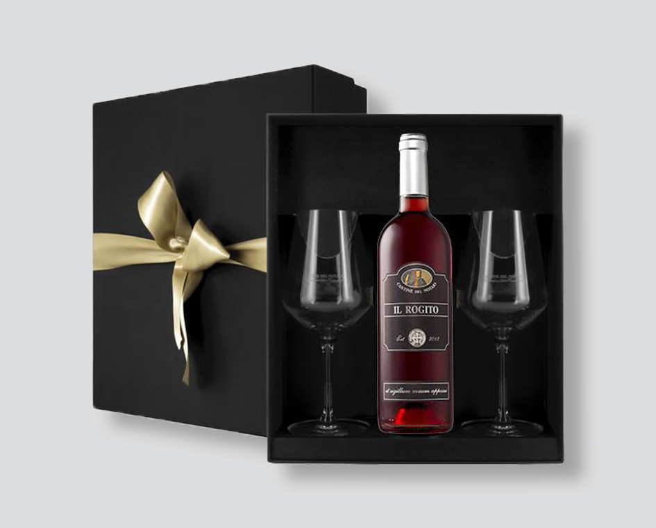 Rogito Cantine del Notaio
vino Aglianico del Vulture
confezione regalo vino
cofanetto con calici
vino rosso lucano
idea regalo enologica
regalo di natale