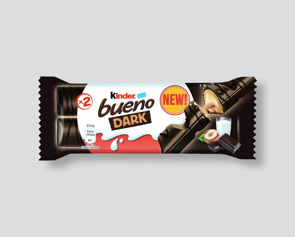 Kinder Bueno Dark
barretta cioccolato fondente
crema alla nocciola
snack croccante
T2 confezione 30 pezzi
cioccolato fondente
merendina Kinder
snack premium