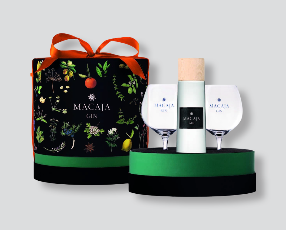 macaja gin
gin artigianale
confezione regalo gin
cappelliera gin
gin con bicchieri
premium gin set
gin italiano
idea regalo alcolici
regalo di natale
