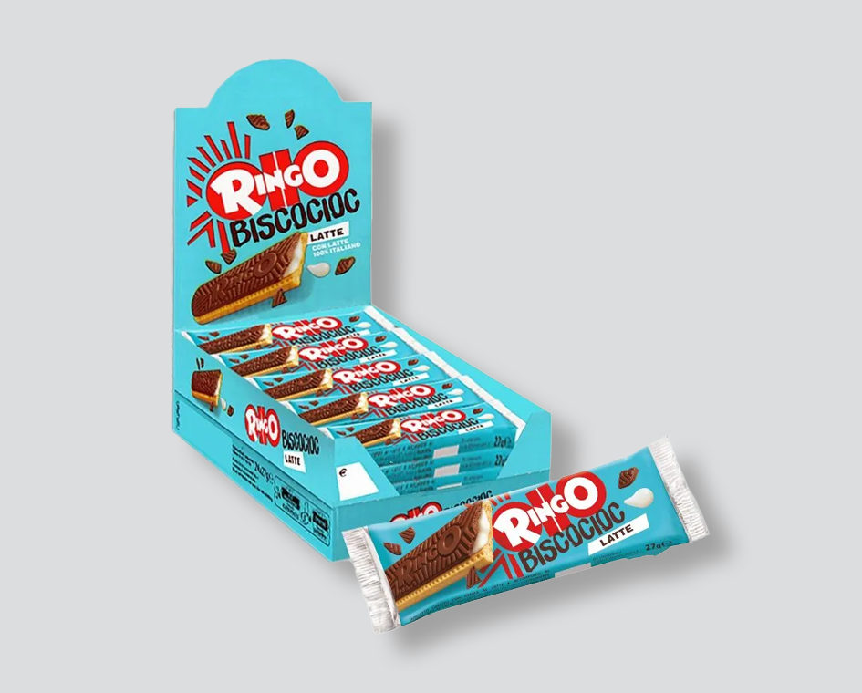 ringo, biscocioc, biscotti, cioccolato, latte, snack, merenda, dolce, crema, croccante, confezione, expo, 24 pezzi, goloso, dessert