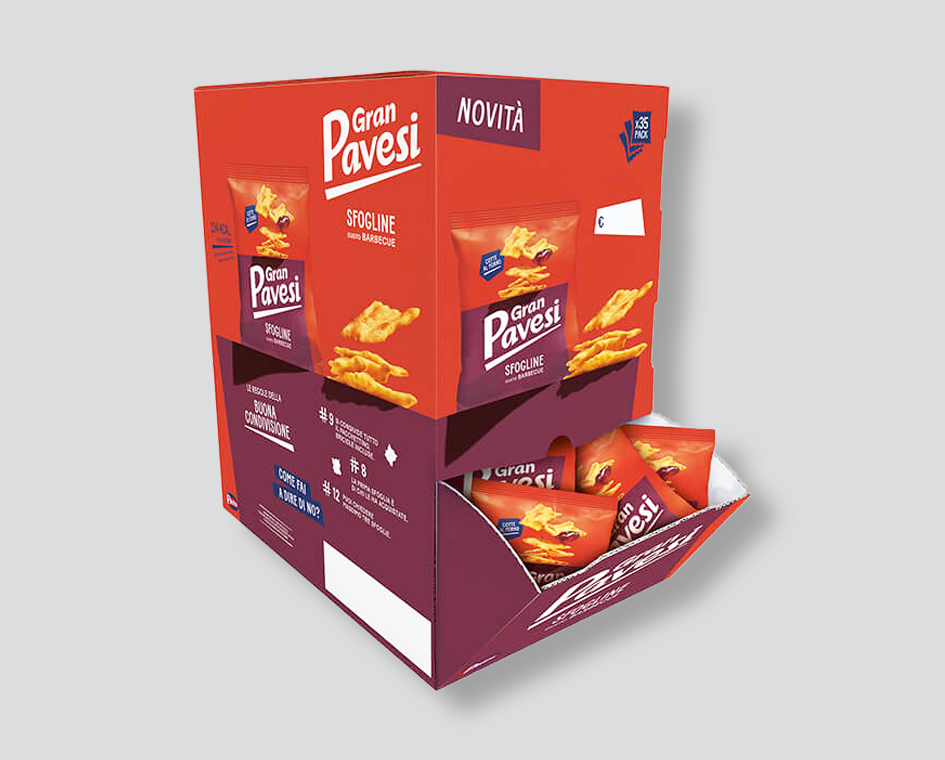 sfogline barbecue
Gran Pavesi
snack salato barbecue
snack croccante da banco
sfoglie salate monoporzione
snack barbecue monodose
snack da aperitivo
sfoglie da forno
snack italiano
confezione 35 pezzi
prodotto da forno barbecue
snack per bar e negozi
snack croccante per horeca
sfoglie affumicate
snack gourmet barbecue